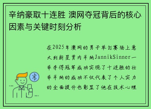 辛纳豪取十连胜 澳网夺冠背后的核心因素与关键时刻分析 辛纳豪取十连胜 澳网夺冠背后的核心因素与关键时刻分析