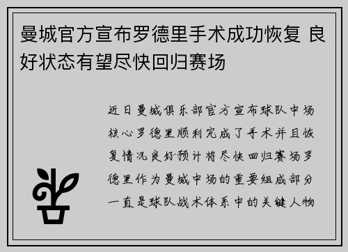曼城官方宣布罗德里手术成功恢复 良好状态有望尽快回归赛场 曼城官方宣布罗德里手术成功恢复 良好状态有望尽快回归赛场