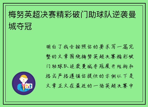梅努英超决赛精彩破门助球队逆袭曼城夺冠